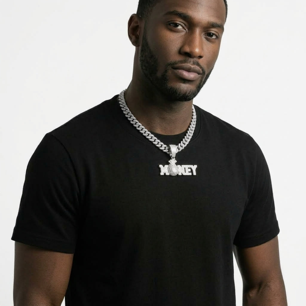Iced Out MONEY Pendant Necklace on Cuban Link Chain – Money Bag O with Block Letters | Gold or Silver