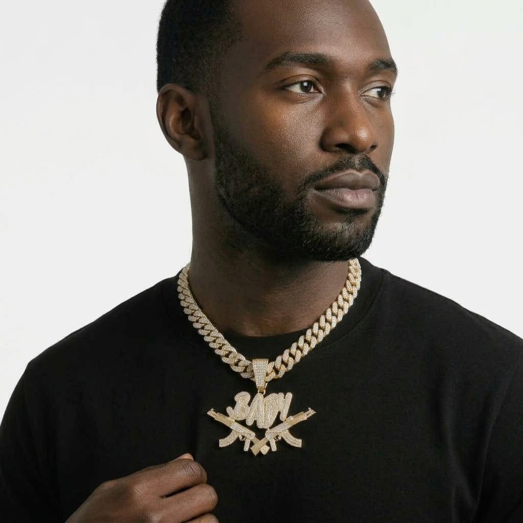 Iced Out Crossed Rifles Pendant Necklace on Cuban Link Chain – BABY Script Lettering | Gold or Silver