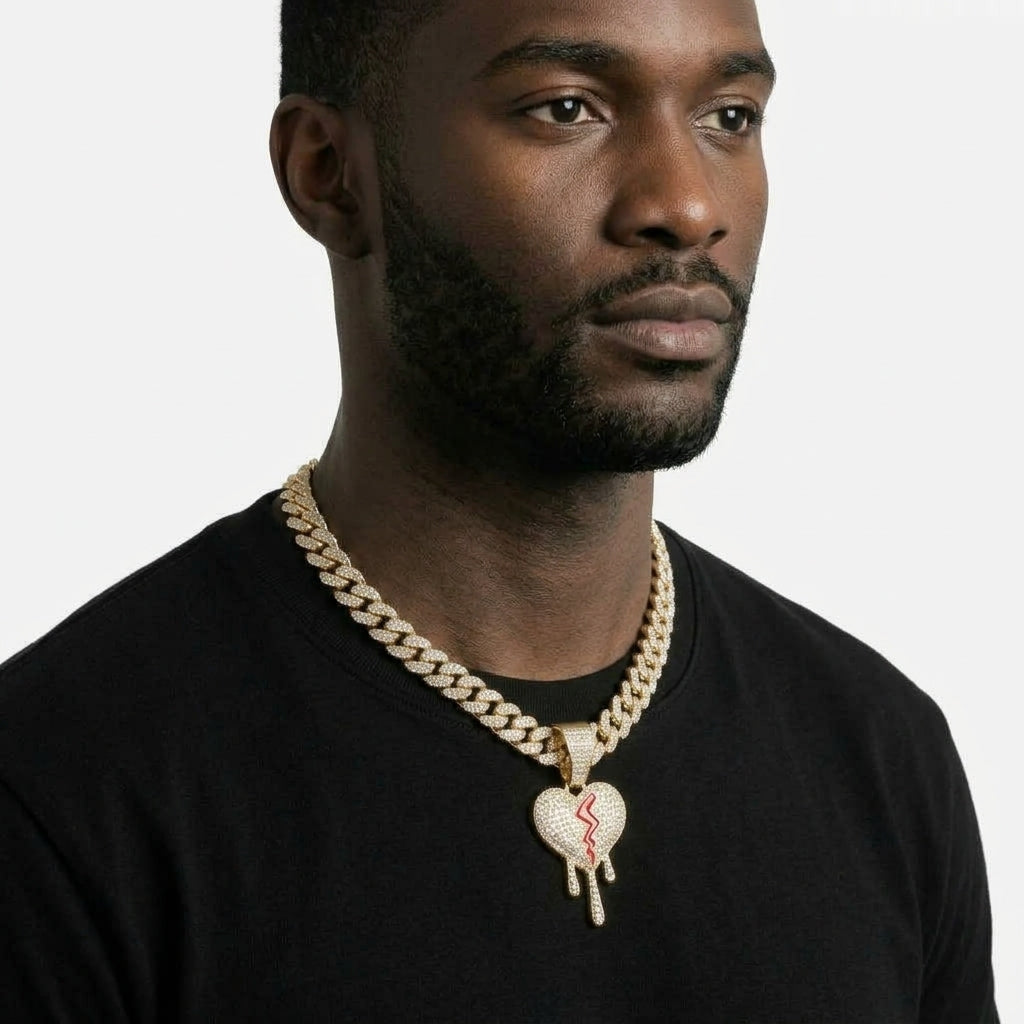Iced Out Dripping Broken Heart Pendant Necklace on Cuban Link Chain – Red Enamel Crack | Gold or Silver