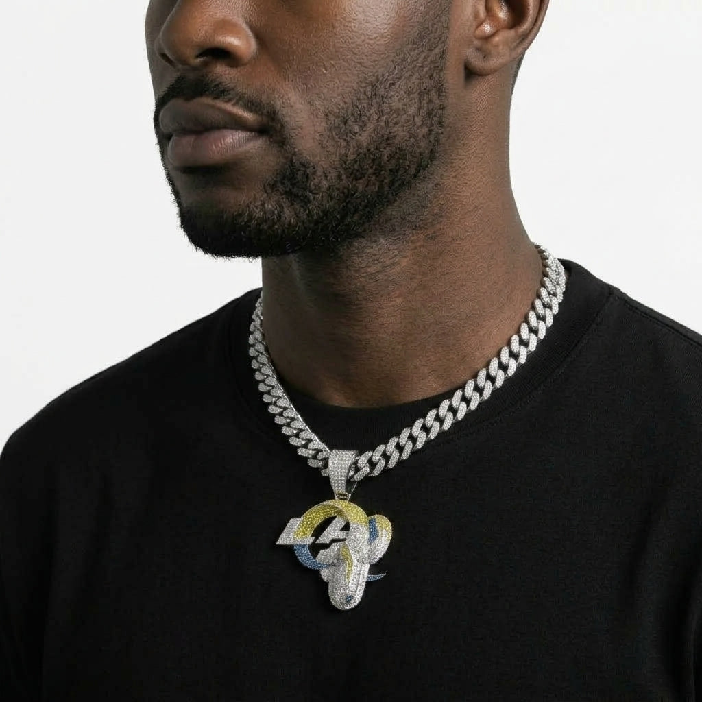 Los Angeles Rams Iced Out Pendant Necklace on Cuban Link Chain – Blue & Yellow Stone LA Ram Horn Logo | Gold or Silver