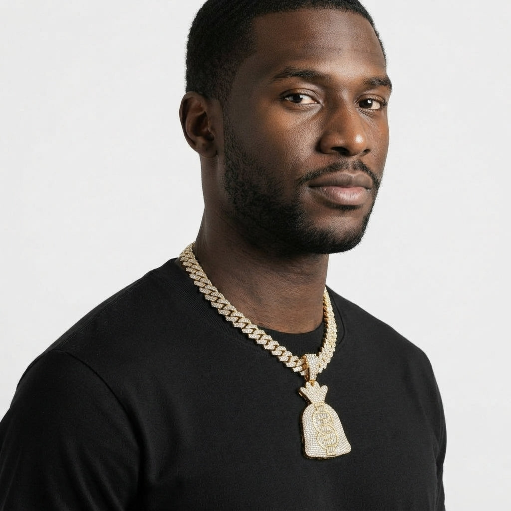 Iced Out Money Bag Pendant Necklace on Cuban Link Chain – Baguette-Stone Dollar Sign | Gold or Silver