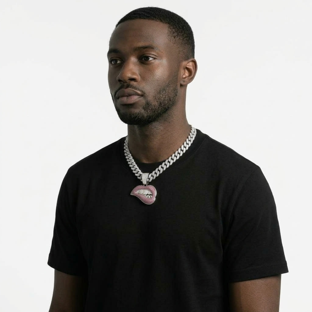 Iced Out Pink Lip Bite Pendant Necklace on Cuban Link Chain – Biting Lips with Iced Grillz | Gold or Silver