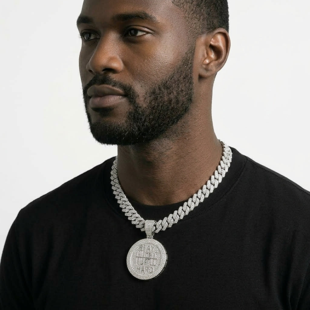 Iced Out Stay Humble Hustle Hard Medallion Pendant on Cuban Link Chain – Round Stone-Set Disc with Polished Lettering | Gold or Silver