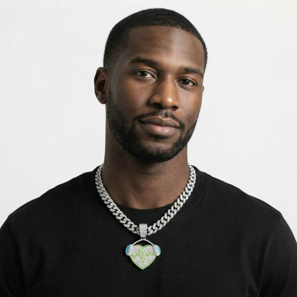 Iced Out Heart with Headphones Pendant Necklace on Cuban Link Chain – Green Enamel Heartbeat Line | Silver or Gold