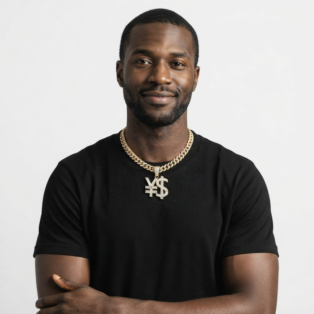 Iced Out Yen & Dollar Sign Pendant Necklace on Cuban Link Chain – Joined Currency Symbols, Fully Stone-Set | Gold or Silver