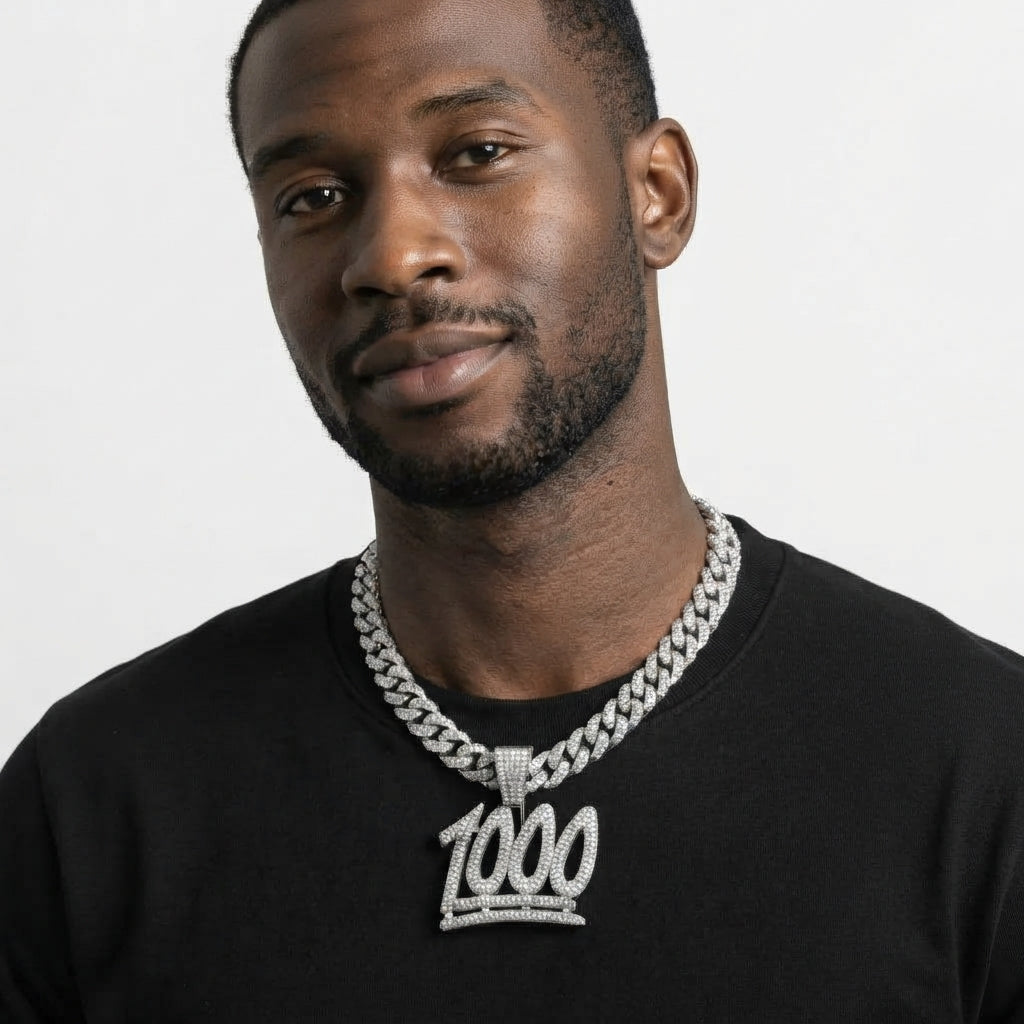Iced Out 1000 Pendant Necklace on Cuban Link Chain – Keep It 1000 Emoji-Style Numerals with Double Underline | Gold or Silver