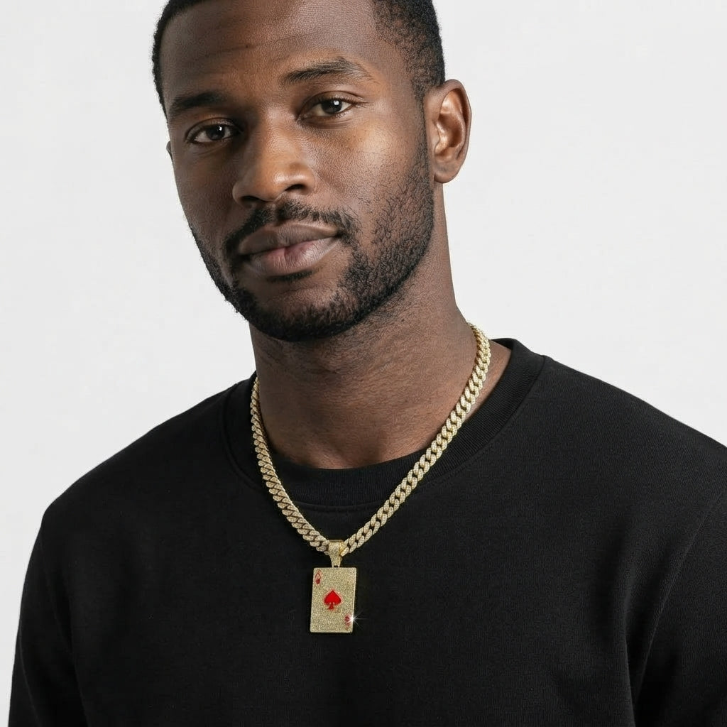 Iced Out Ace of Spades Playing Card Pendant Necklace on Cuban Link Chain – Red Enamel Spade | Silver or Gold