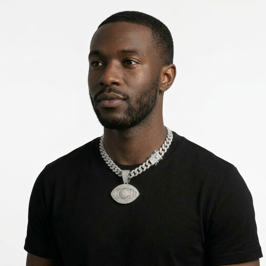 Iced Out Evil Eye Pendant Necklace on Cuban Link Chain – Almond-Shaped Eye with Baguette-Stone Iris Ring | Gold or Silver