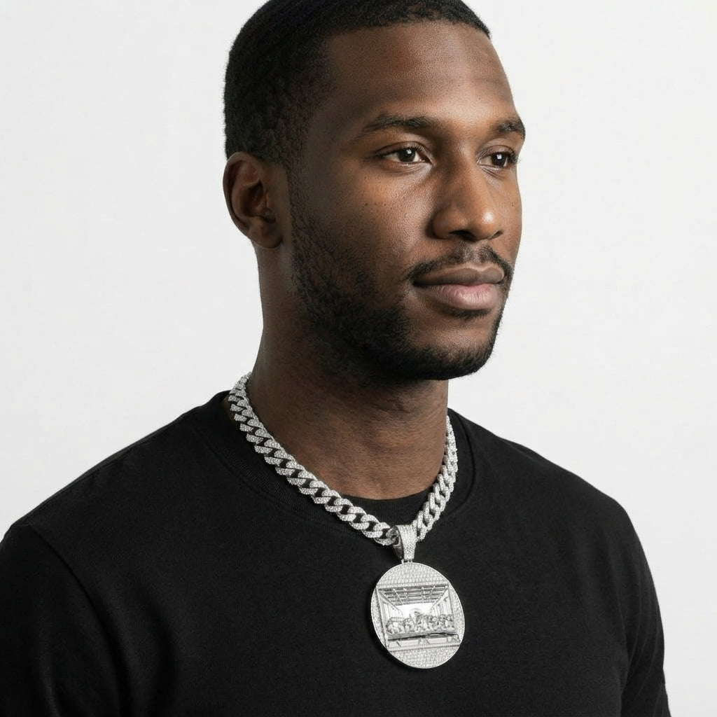 Iced Out Last Supper Medallion Pendant Necklace on Cuban Link Chain – Polished Relief Scene, Religious Jewelry | Gold or Silver