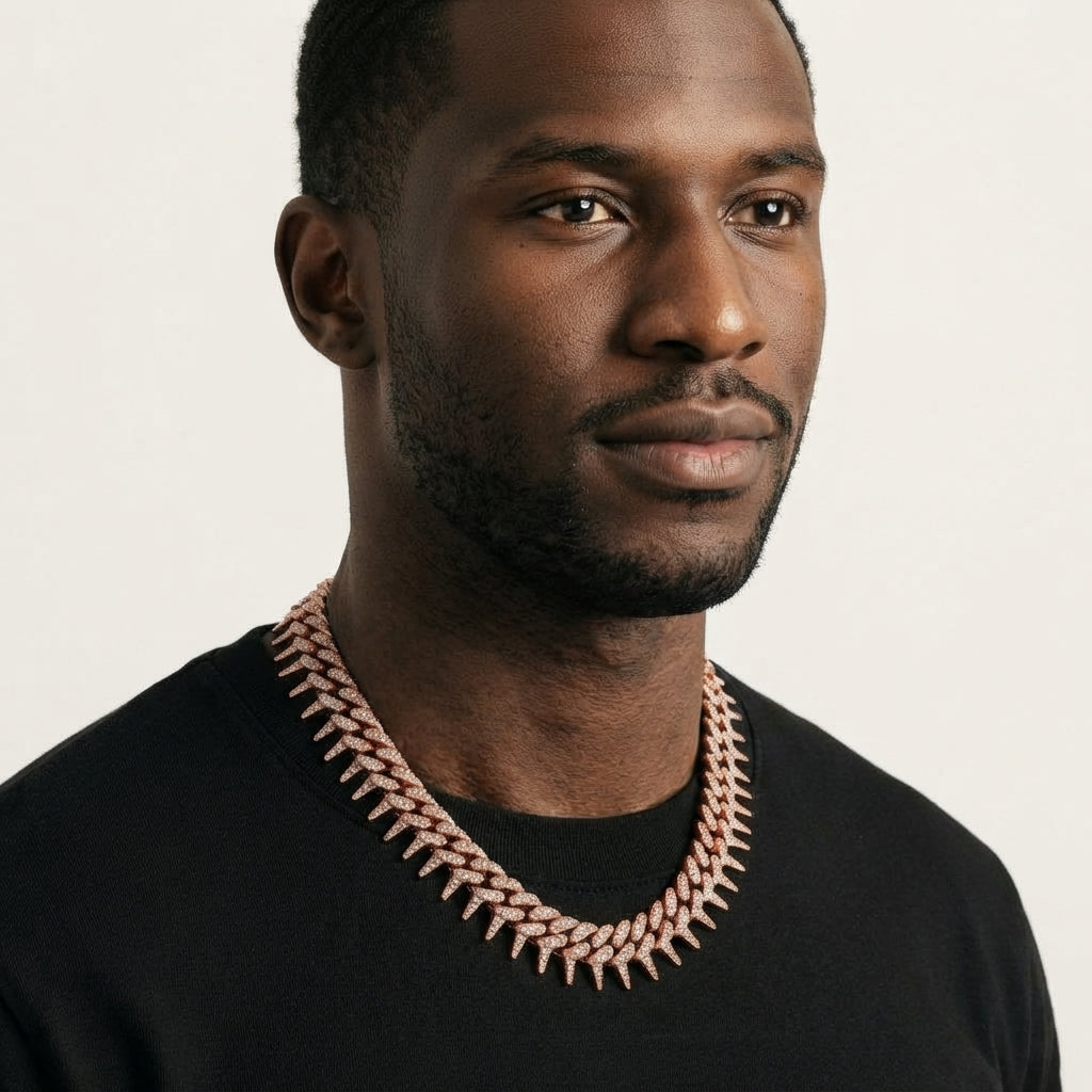 Iced Out Spiked Cuban Link Chain Necklace – Pointed Spike Links, Fully Stone-Set | Gold or Silver
