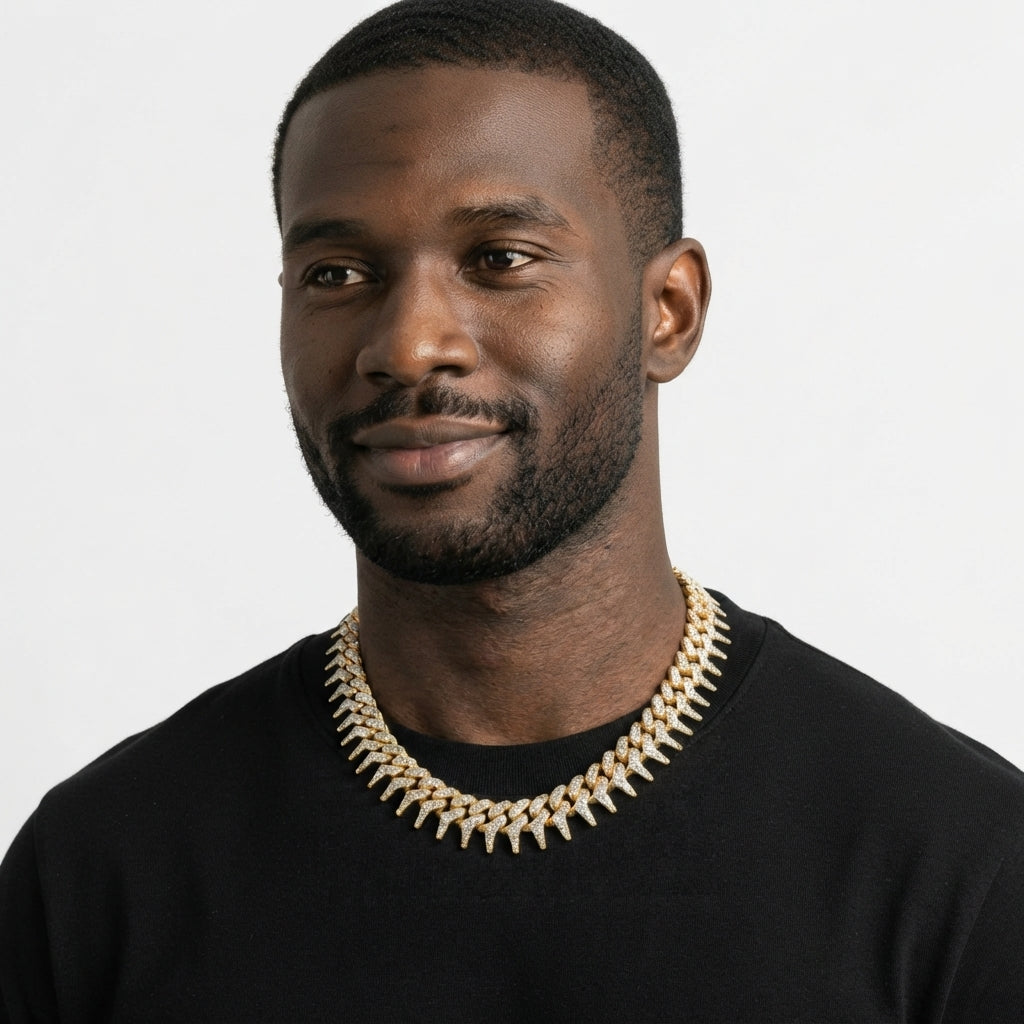 Iced Out Spiked Cuban Link Chain Necklace – Pointed Spike Links, Fully Stone-Set | Gold or Silver
