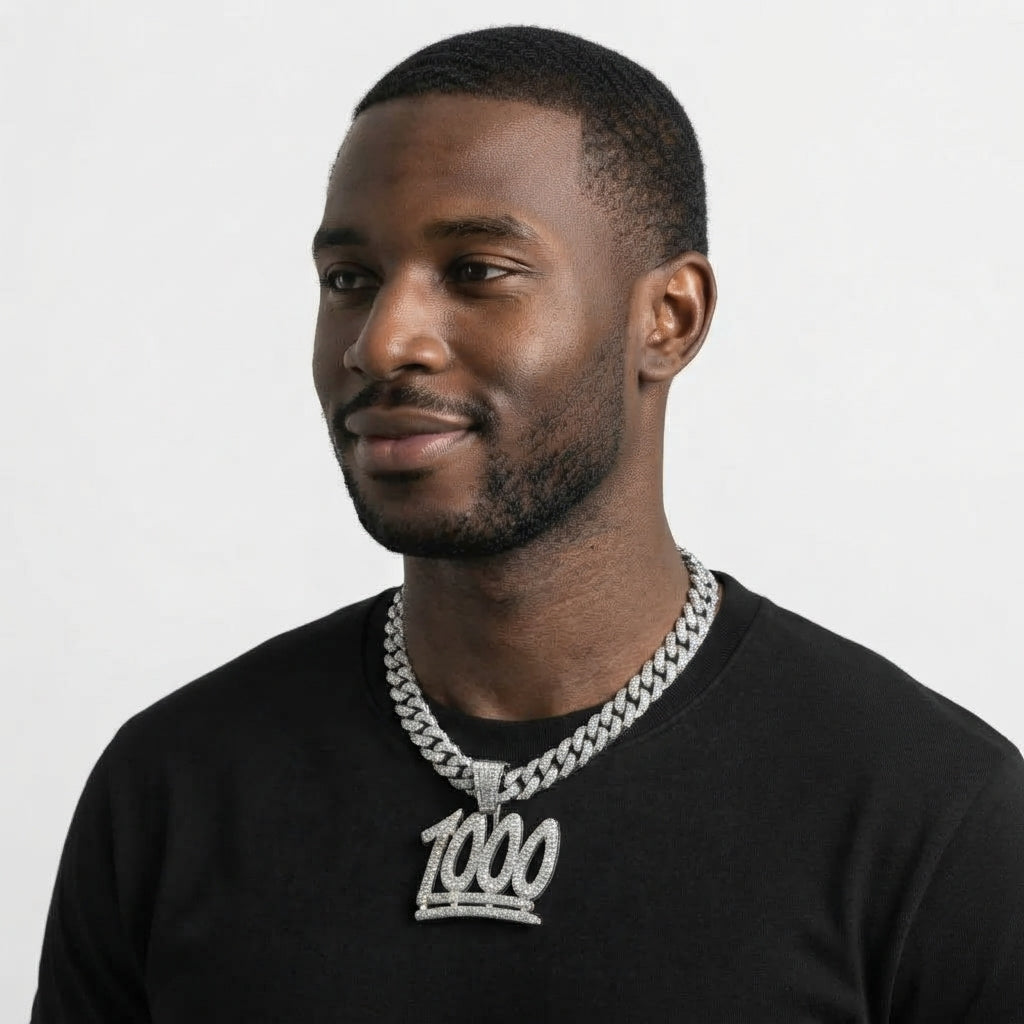 Iced Out 1000 Pendant Necklace on Cuban Link Chain – Keep It 1000 Emoji-Style Numerals with Double Underline | Gold or Silver
