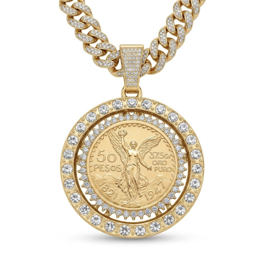 Iced Out Centenario 50 Pesos Coin Pendant Necklace on Cuban Link Chain – Replica Coin in Stone-Set Bezel | Gold or Silver