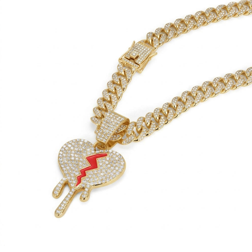Iced Out Dripping Broken Heart Pendant Necklace on Cuban Link Chain – Red Enamel Crack | Gold or Silver