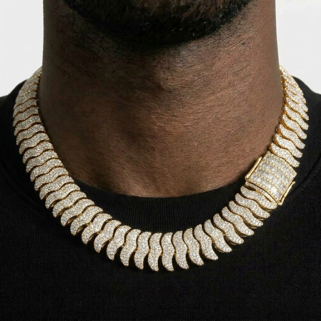 Iced Out Wave Link Chain Necklace – Stacked S-Curve Links with Baguette-Stone Box Clasp | Gold or Silver