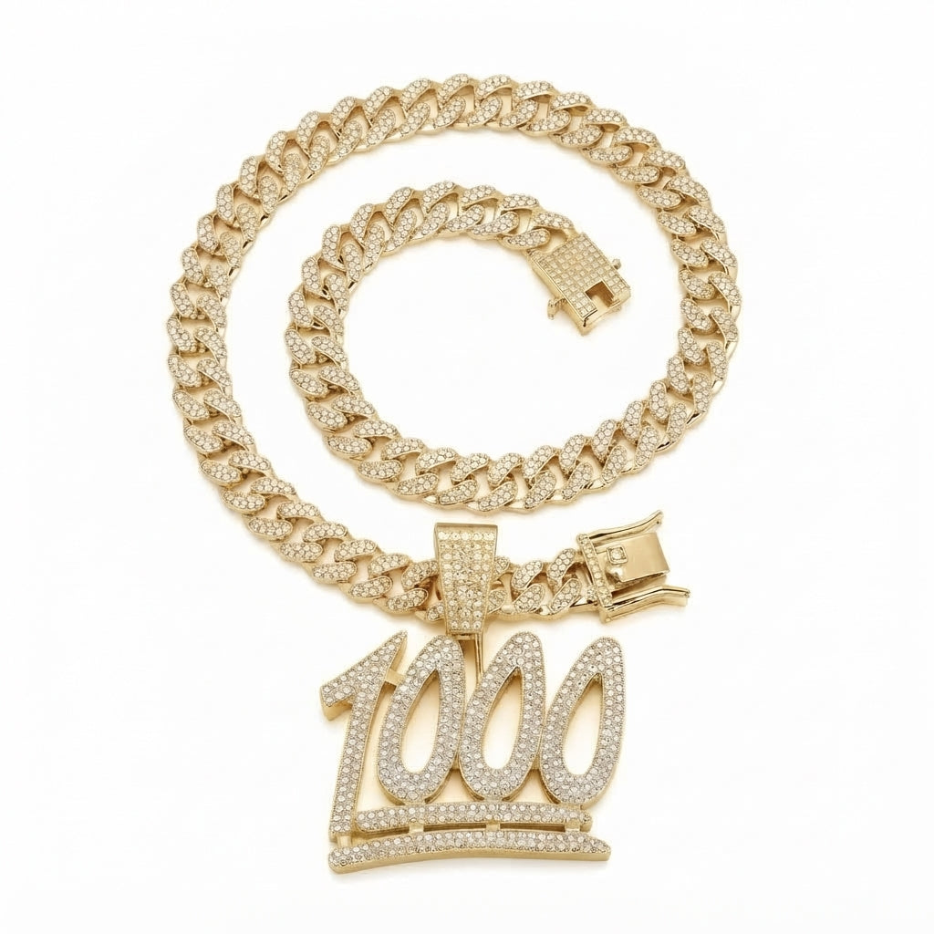 Iced Out 1000 Pendant Necklace on Cuban Link Chain – Keep It 1000 Emoji-Style Numerals with Double Underline | Gold or Silver
