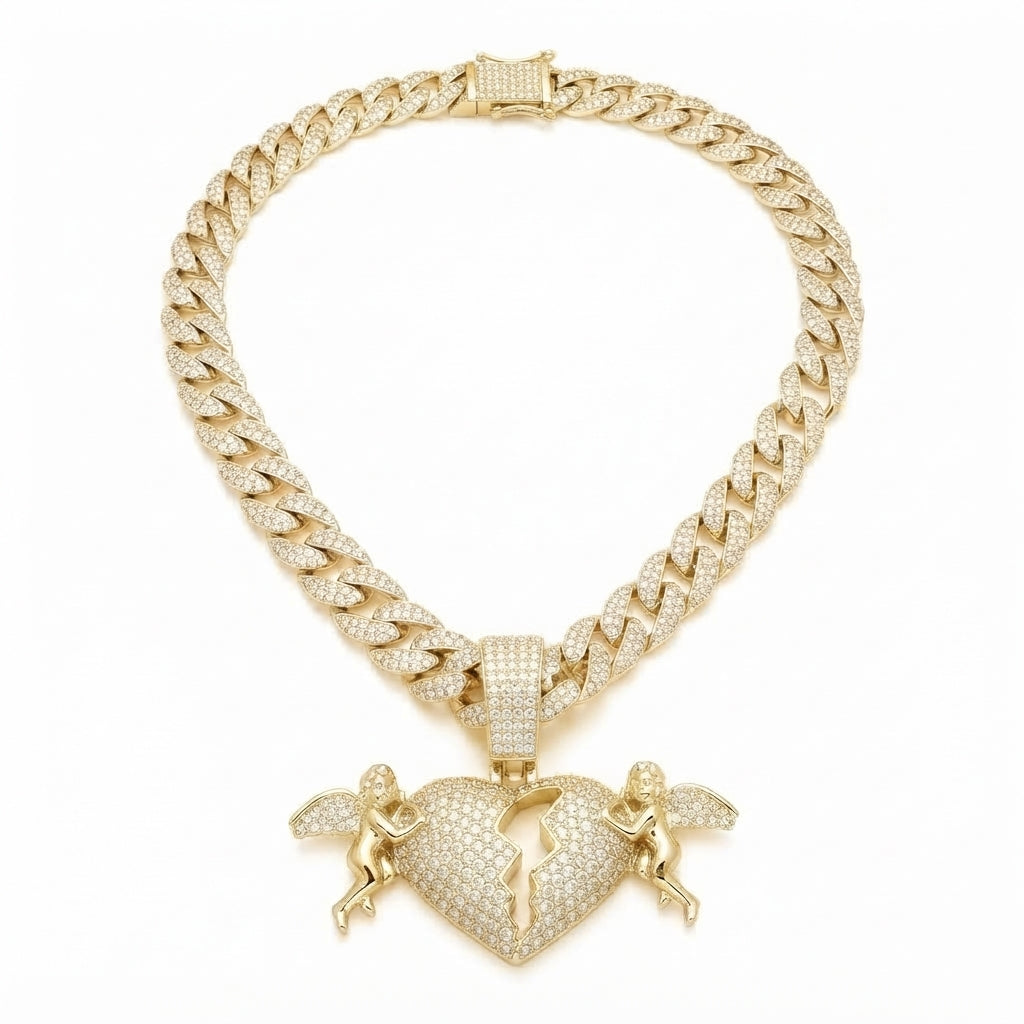 Iced Out Cherub Broken Heart Pendant Necklace on Cuban Link Chain – Polished Angels with Stone-Set Wings Holding Split Heart | Gold or Silver