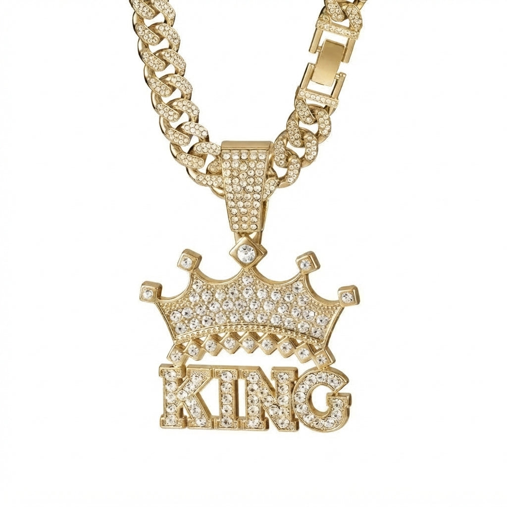 Iced Out Crown KING Pendant Necklace on Cuban Link Chain – Jeweled Crown over Block Letters | Silver or Gold