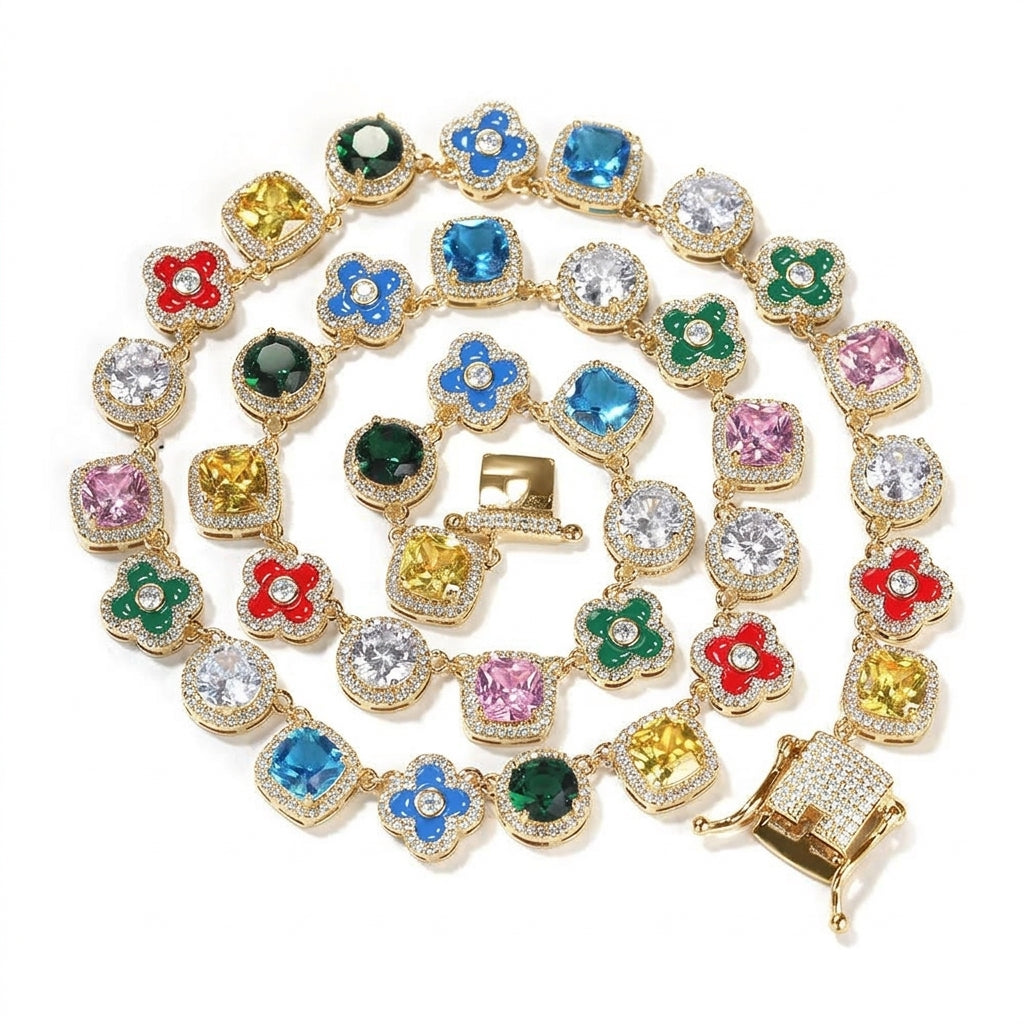 Iced Out Clover Station Link Chain Necklace – Inlaid Clovers Alternating with Halo-Set Colored Stones | Gold or Silver