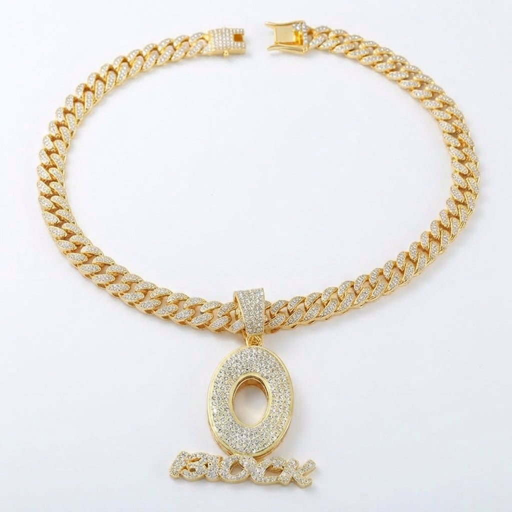 Iced Out O Block Pendant Necklace on Cuban Link Chain – Oversized Open O with Script Lettering | Silver or Gold
