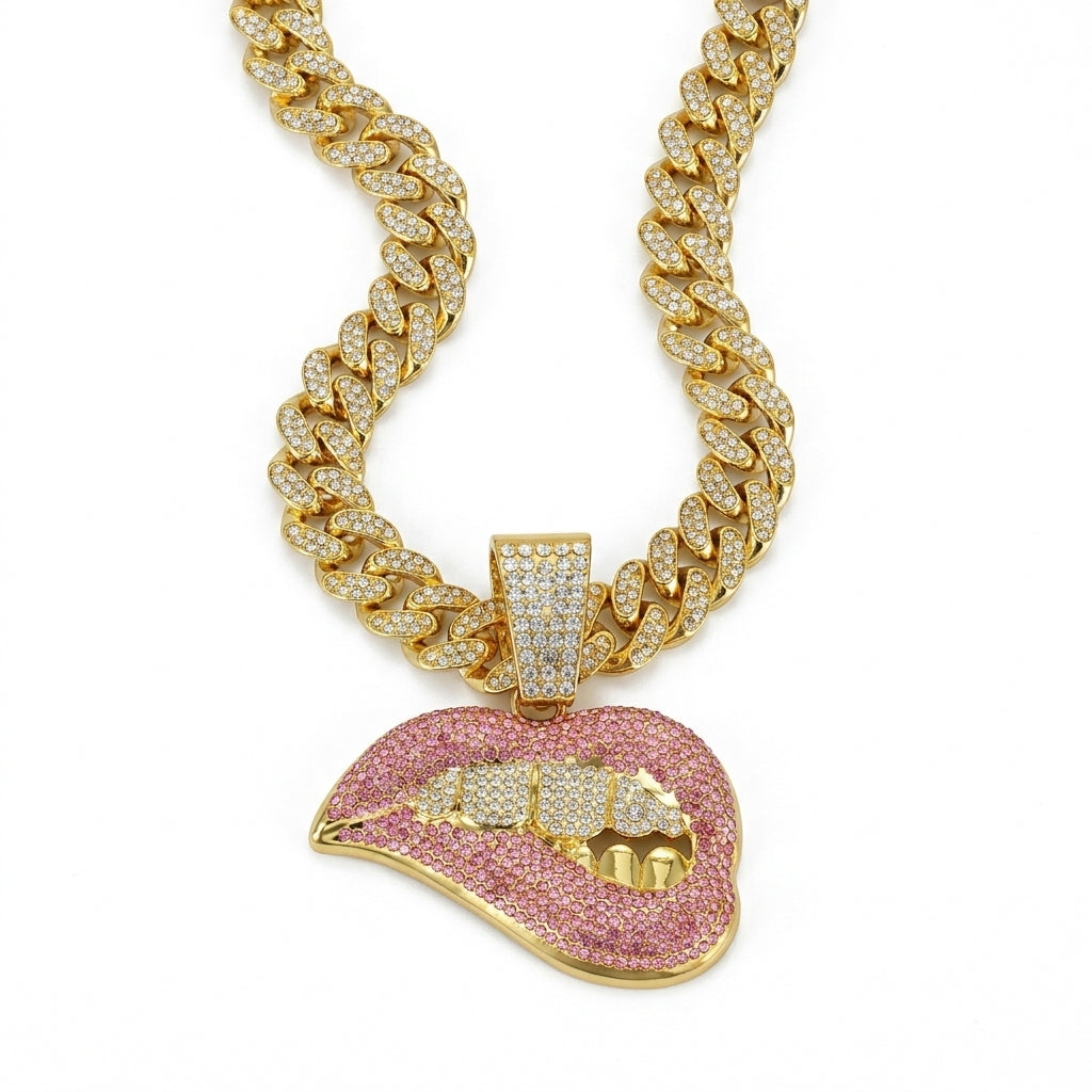 Iced Out Pink Lip Bite Pendant Necklace on Cuban Link Chain – Biting Lips with Iced Grillz | Gold or Silver