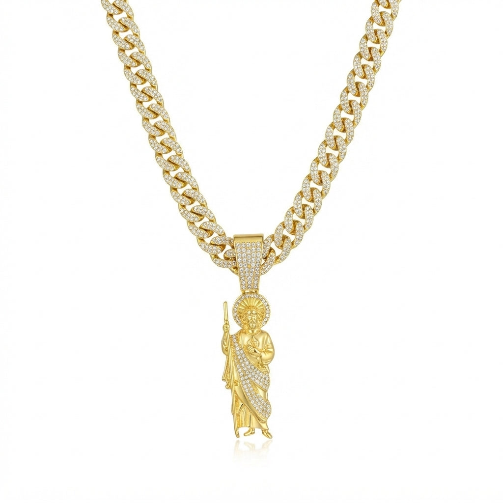 Iced Out San Judas St. Jude Pendant Necklace on Cuban Link Chain – Saint with Staff & Medallion, Religious Jewelry | Silver or Gold
