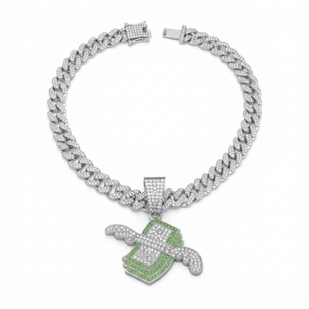 Iced Out Flying Money Pendant Necklace on Cuban Link Chain – Winged Cash Stack with Green Stones | Silver or Gold