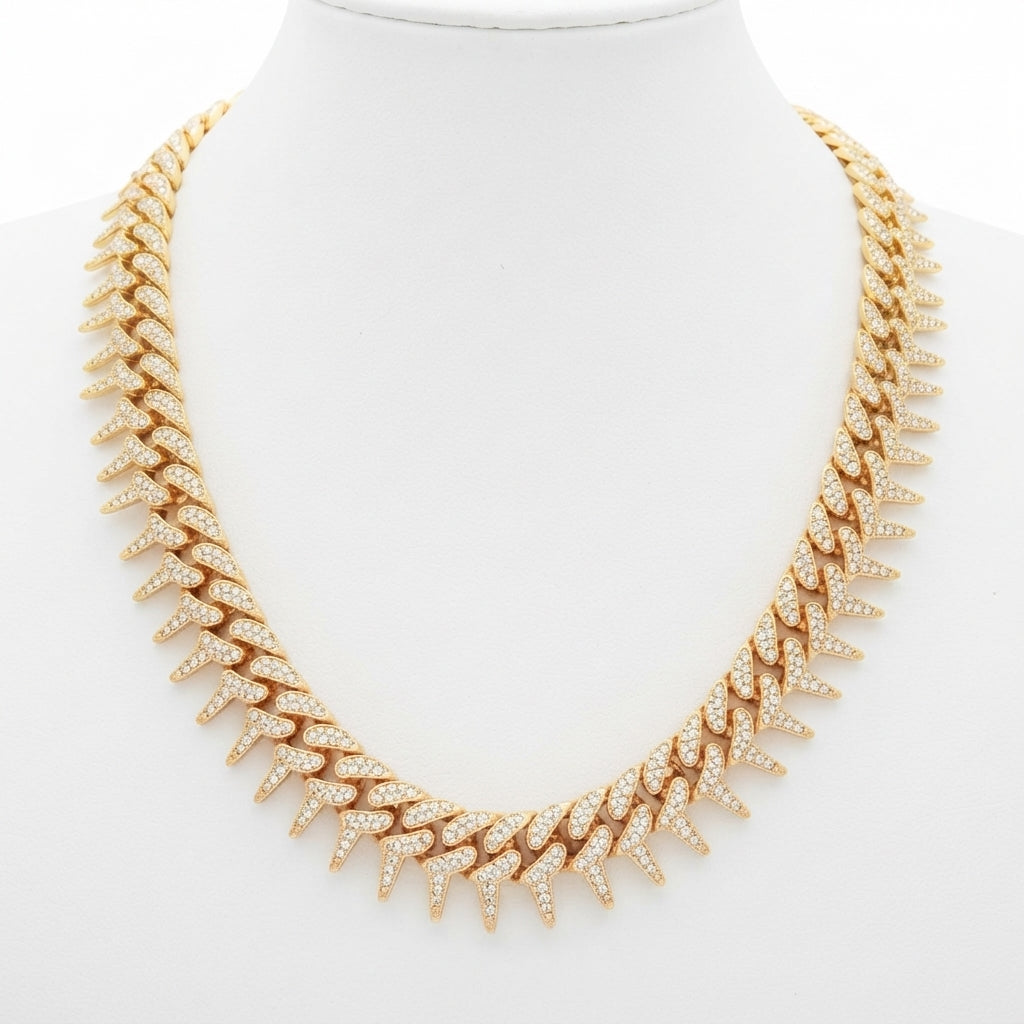 Iced Out Spiked Cuban Link Chain Necklace – Pointed Spike Links, Fully Stone-Set | Gold or Silver