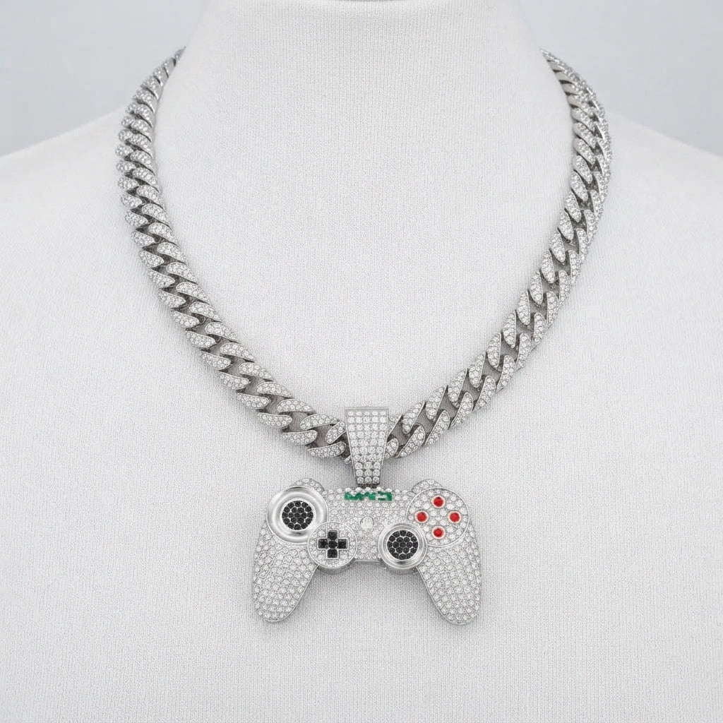 Iced Out Game Controller Pendant Necklace on Cuban Link Chain – Gamepad with Red Buttons & Black Stone Thumbsticks | Gold or Silver
