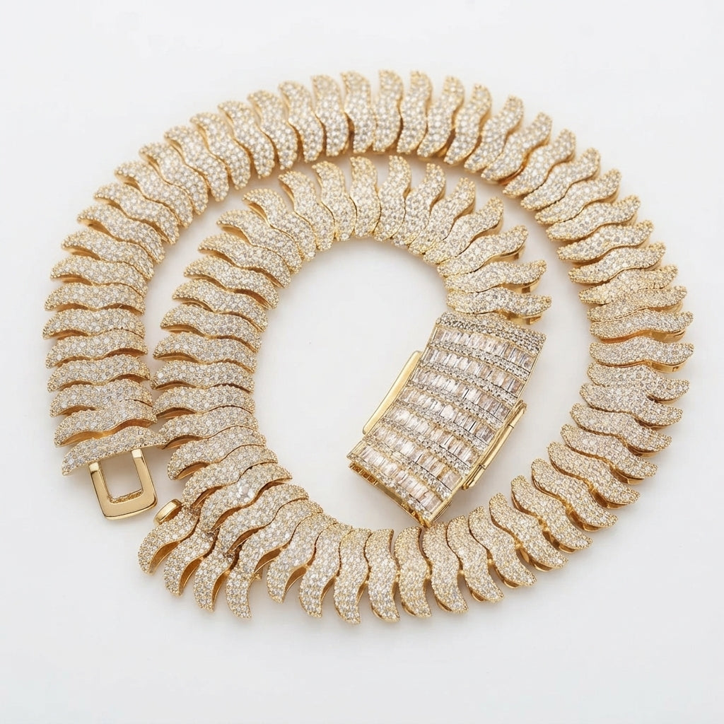 Iced Out Wave Link Chain Necklace – Stacked S-Curve Links with Baguette-Stone Box Clasp | Gold or Silver