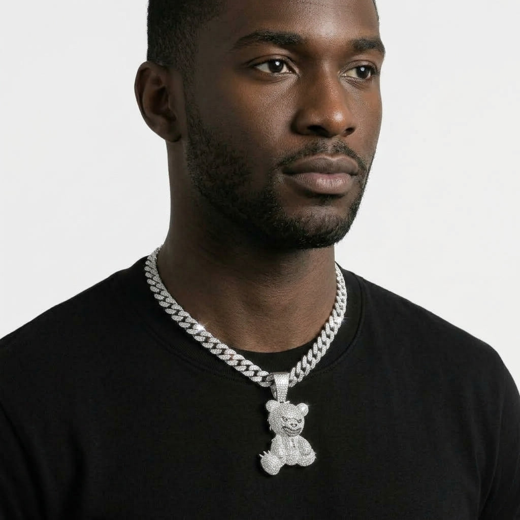 Iced Out Teddy Bear Pendant Necklace – Cuban Link Chain, Gold or Silver