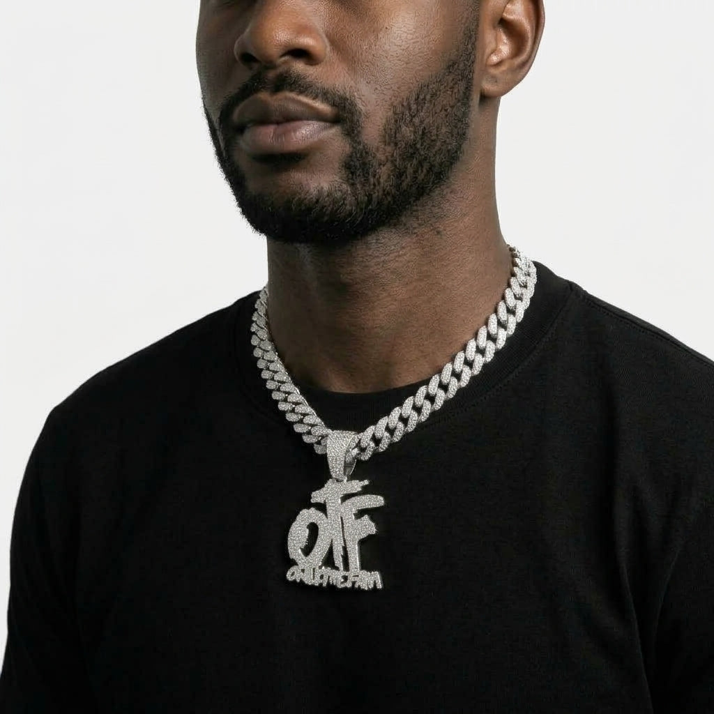 OTF Iced Out Cuban Link Chain Necklace – Only The Family Pendant, Gold or Silver