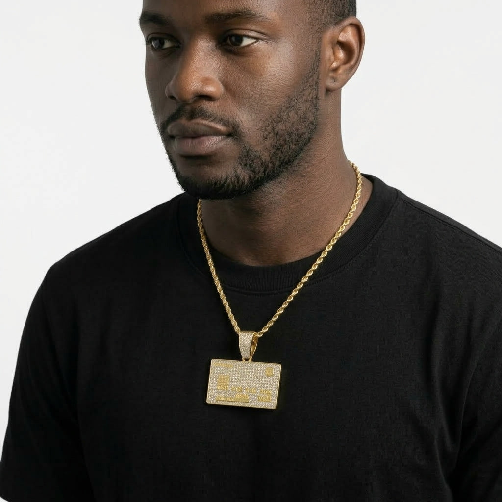 Iced Out Credit Card Pendant Necklace on Wheat Chain – Stone-Covered Bank Card Design | Silver or Gold