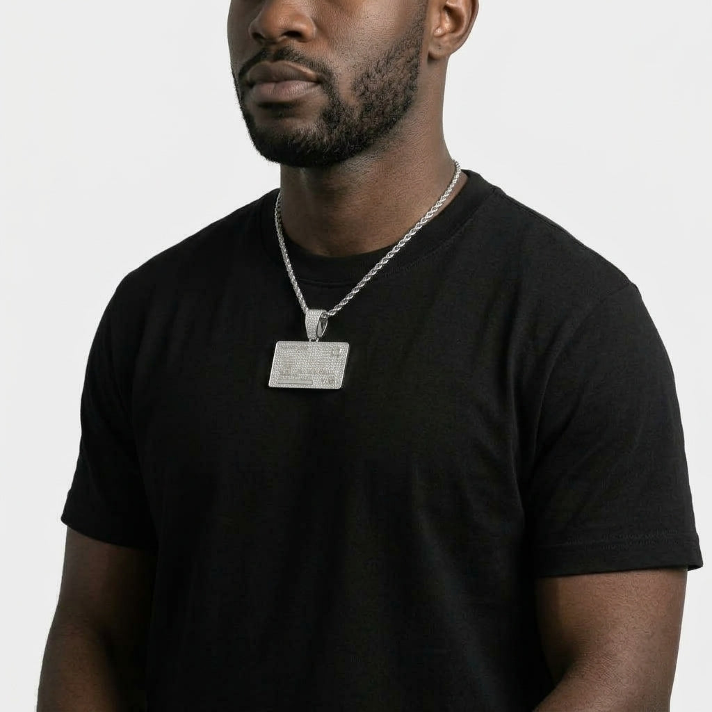 Iced Out Credit Card Pendant Necklace on Wheat Chain – Stone-Covered Bank Card Design | Silver or Gold