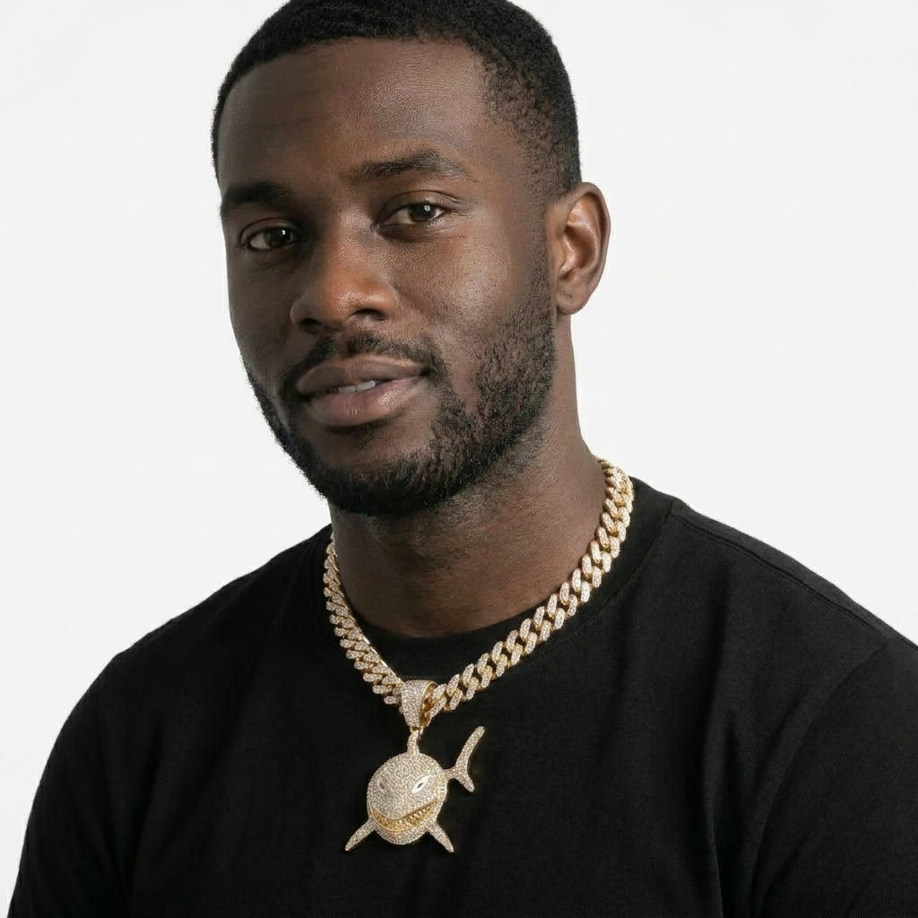 Iced Out Shark Pendant Necklace on Cuban Link Chain – Grinning Shark with Enamel Eyes & Stone-Set Fins | Silver or Gold