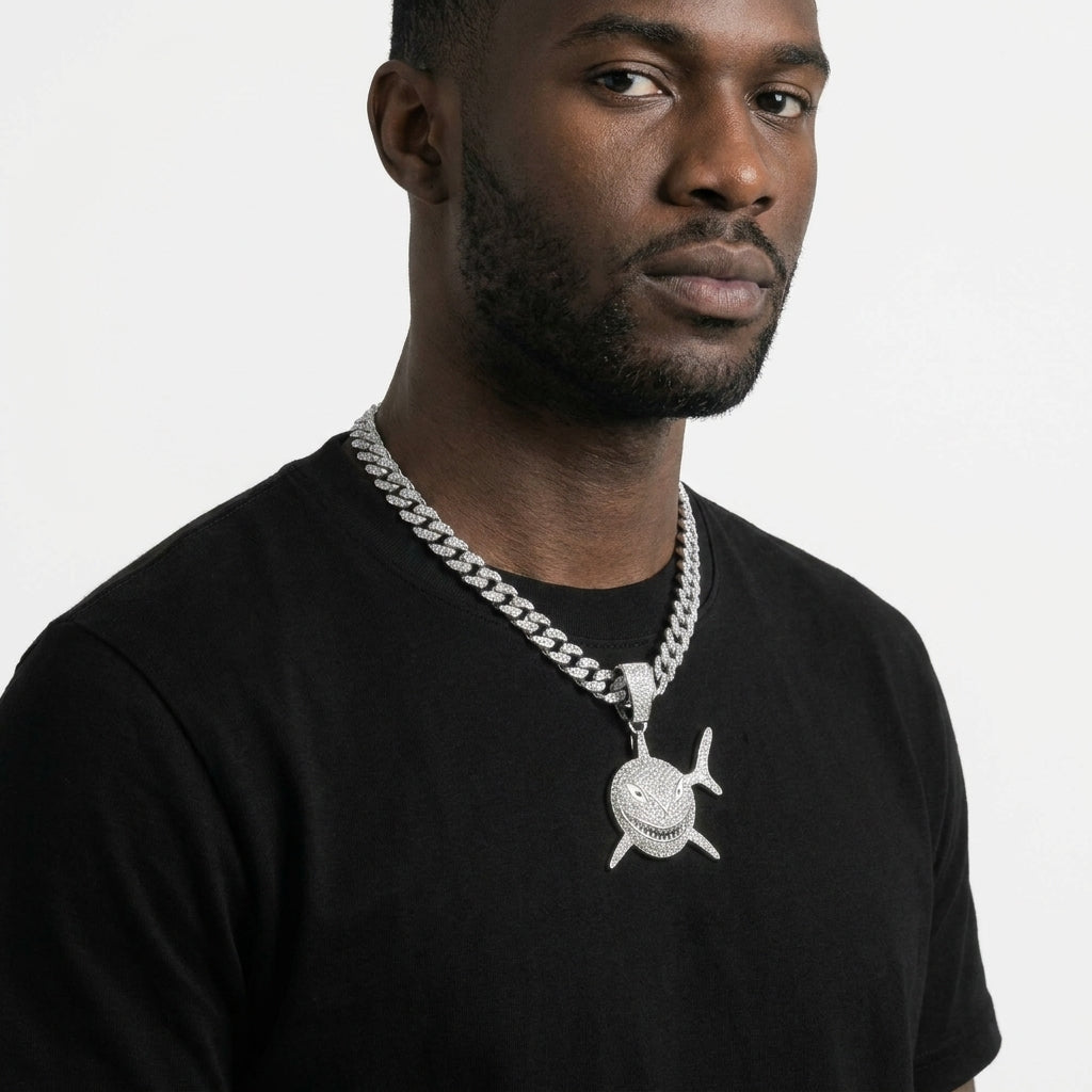 Iced Out Shark Pendant Necklace on Cuban Link Chain – Grinning Shark with Enamel Eyes & Stone-Set Fins | Silver or Gold