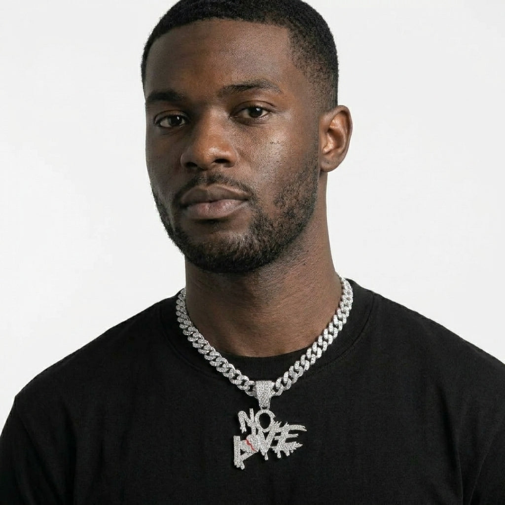 Iced Out NO LOVE Pendant Necklace on Cuban Link Chain – Dripping Letters & Broken Heart with Red Enamel Crack | Silver or Gold