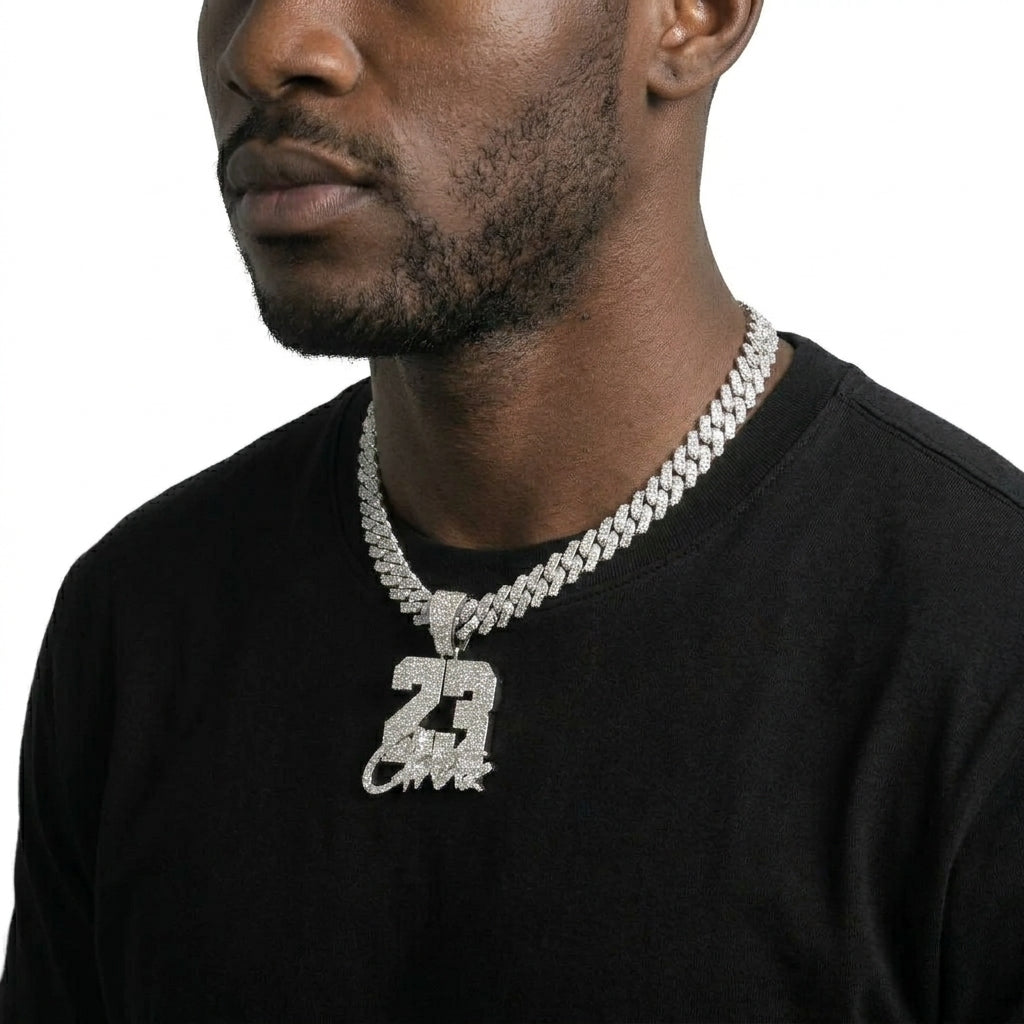 Iced Out Number 23 Pendant Necklace on Cuban Link Chain – Block Numerals with Script Lettering | Silver or Gold