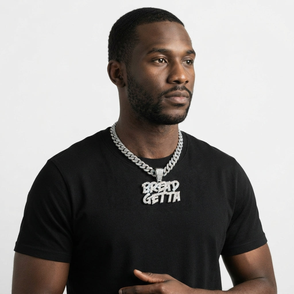 Iced Out BREAD GETTA Pendant Necklace on Cuban Link Chain – Stacked Graffiti-Style Letters | Silver or Gold
