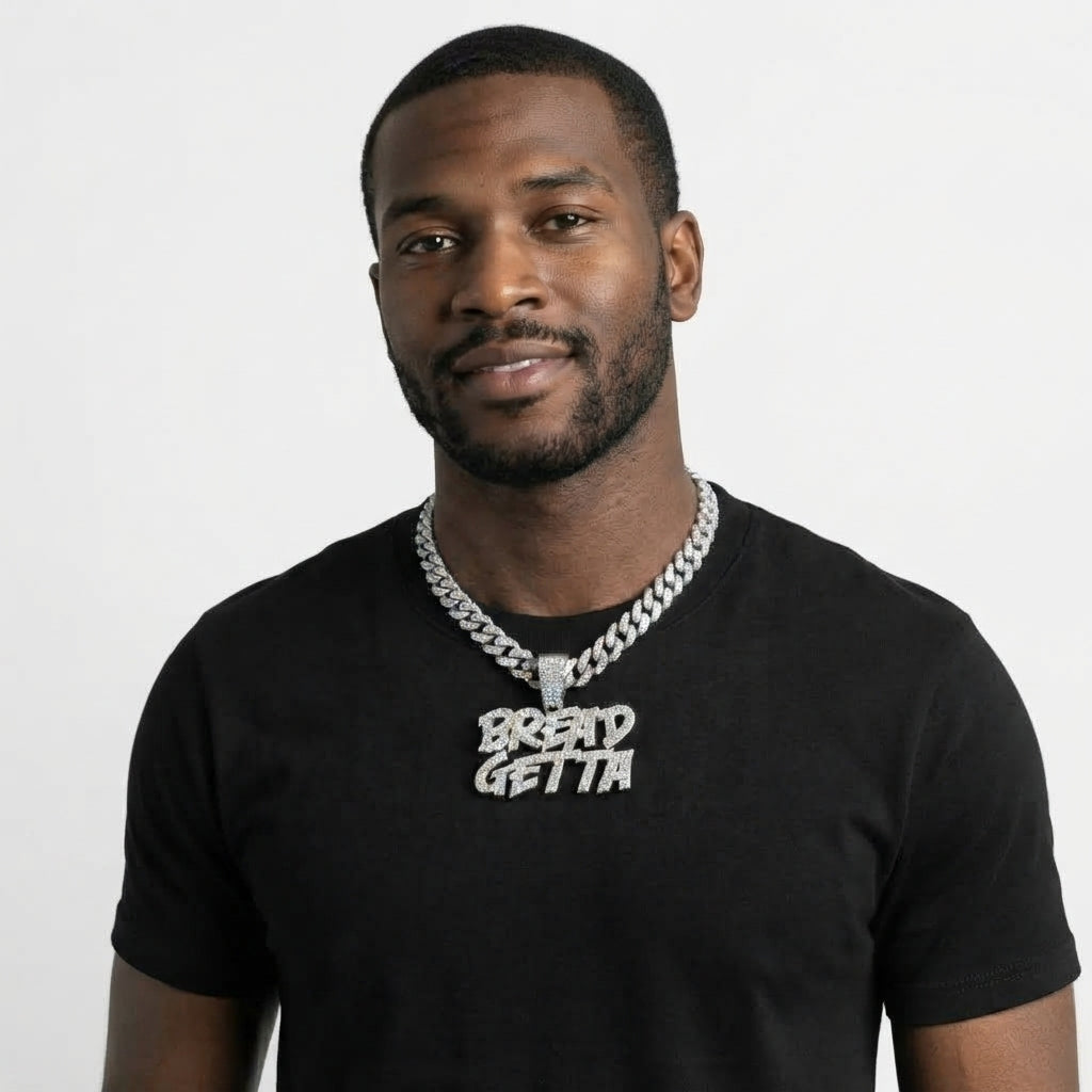 Iced Out BREAD GETTA Pendant Necklace on Cuban Link Chain – Stacked Graffiti-Style Letters | Silver or Gold