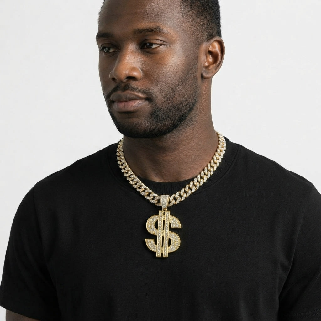 Iced Out Dollar Sign Pendant Necklace on Cuban Link Chain – Double-Bar Money Sign Design | Gold or Silver
