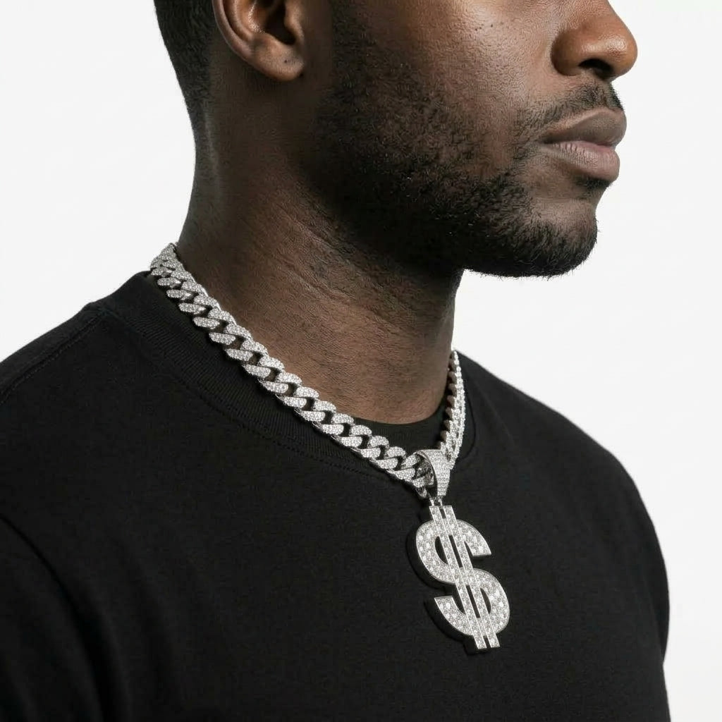 Iced Out Dollar Sign Pendant Necklace on Cuban Link Chain – Double-Bar Money Sign Design | Gold or Silver