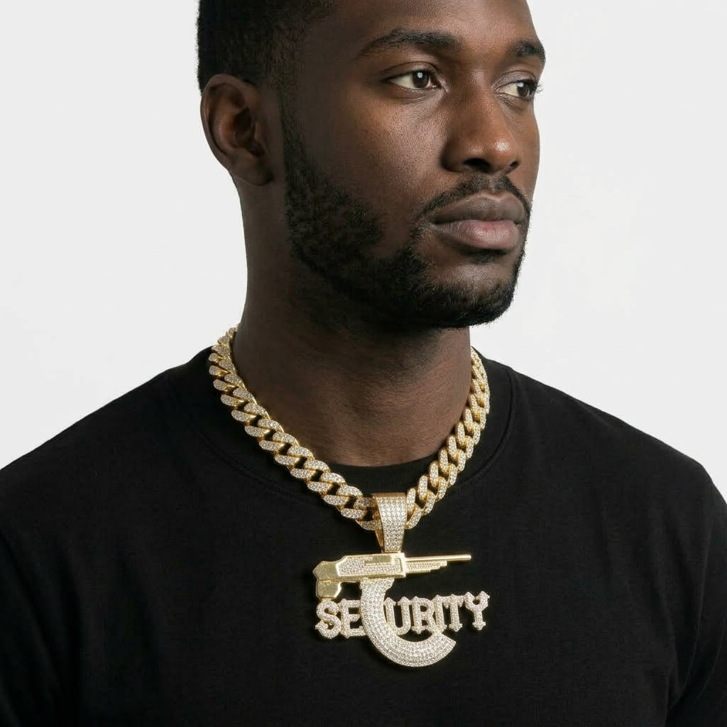 Iced Out SECURITY Pendant Necklace on Cuban Link Chain – Old English-Style Letters with Rifle Magazine C | Gold or Silver