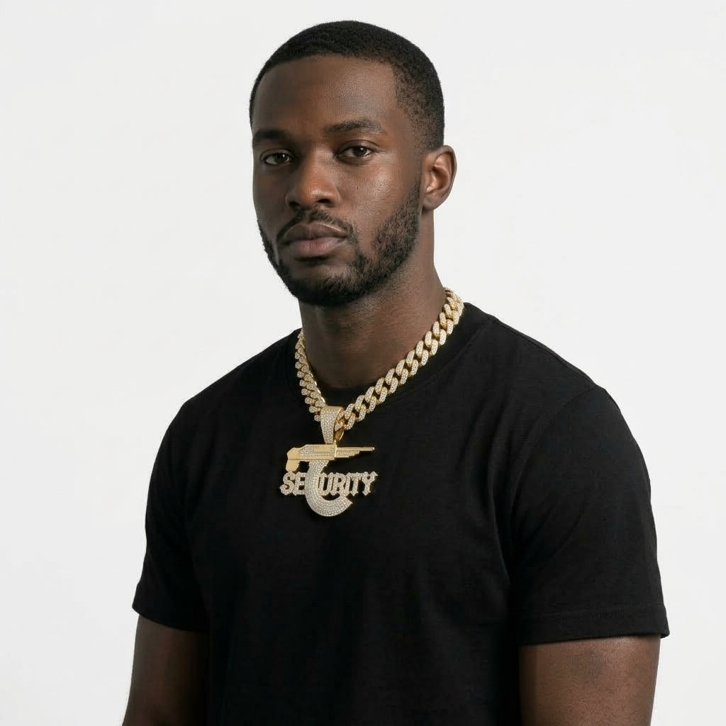 Iced Out SECURITY Pendant Necklace on Cuban Link Chain – Old English-Style Letters with Rifle Magazine C | Gold or Silver