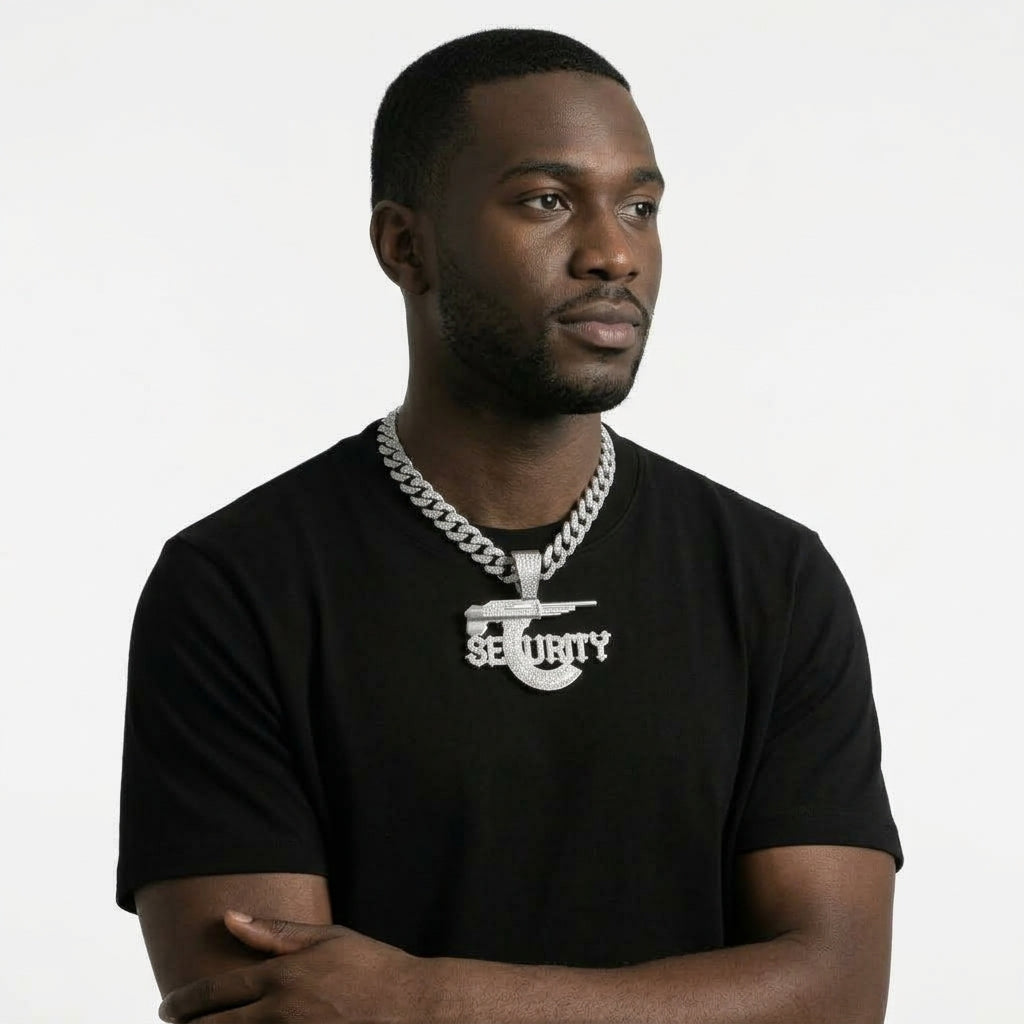 Iced Out SECURITY Pendant Necklace on Cuban Link Chain – Old English-Style Letters with Rifle Magazine C | Gold or Silver