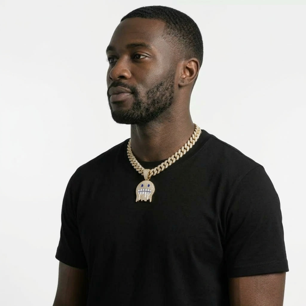 Iced Out Frozen Drip Emoji Pendant Necklace on Cuban Link Chain – Grimacing Face with Blue Enamel Eyes | Gold or Silver