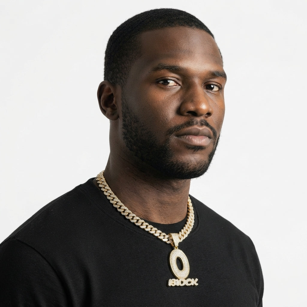 Iced Out O Block Pendant Necklace on Cuban Link Chain – Oversized Open O with Script Lettering | Silver or Gold
