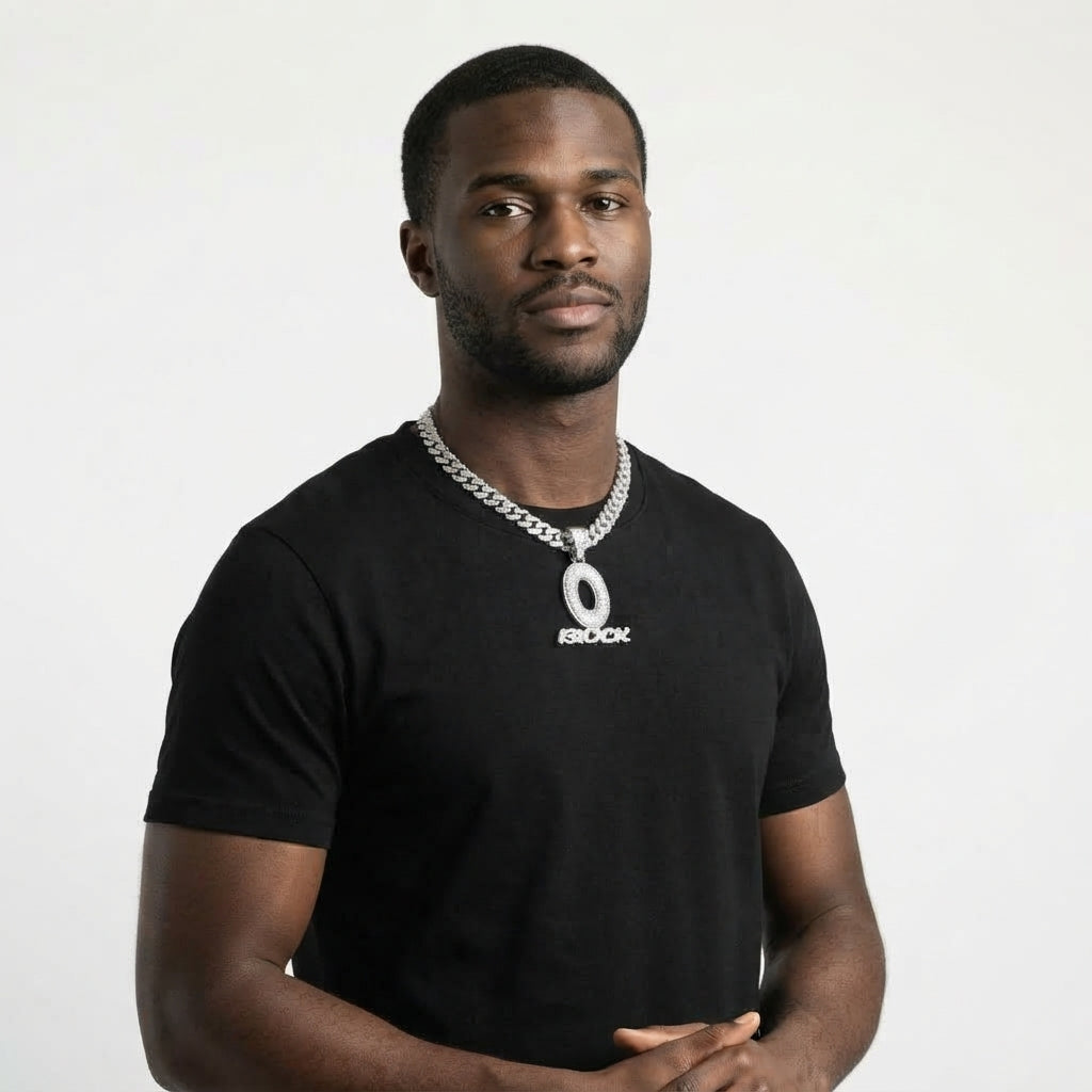 Iced Out O Block Pendant Necklace on Cuban Link Chain – Oversized Open O with Script Lettering | Silver or Gold