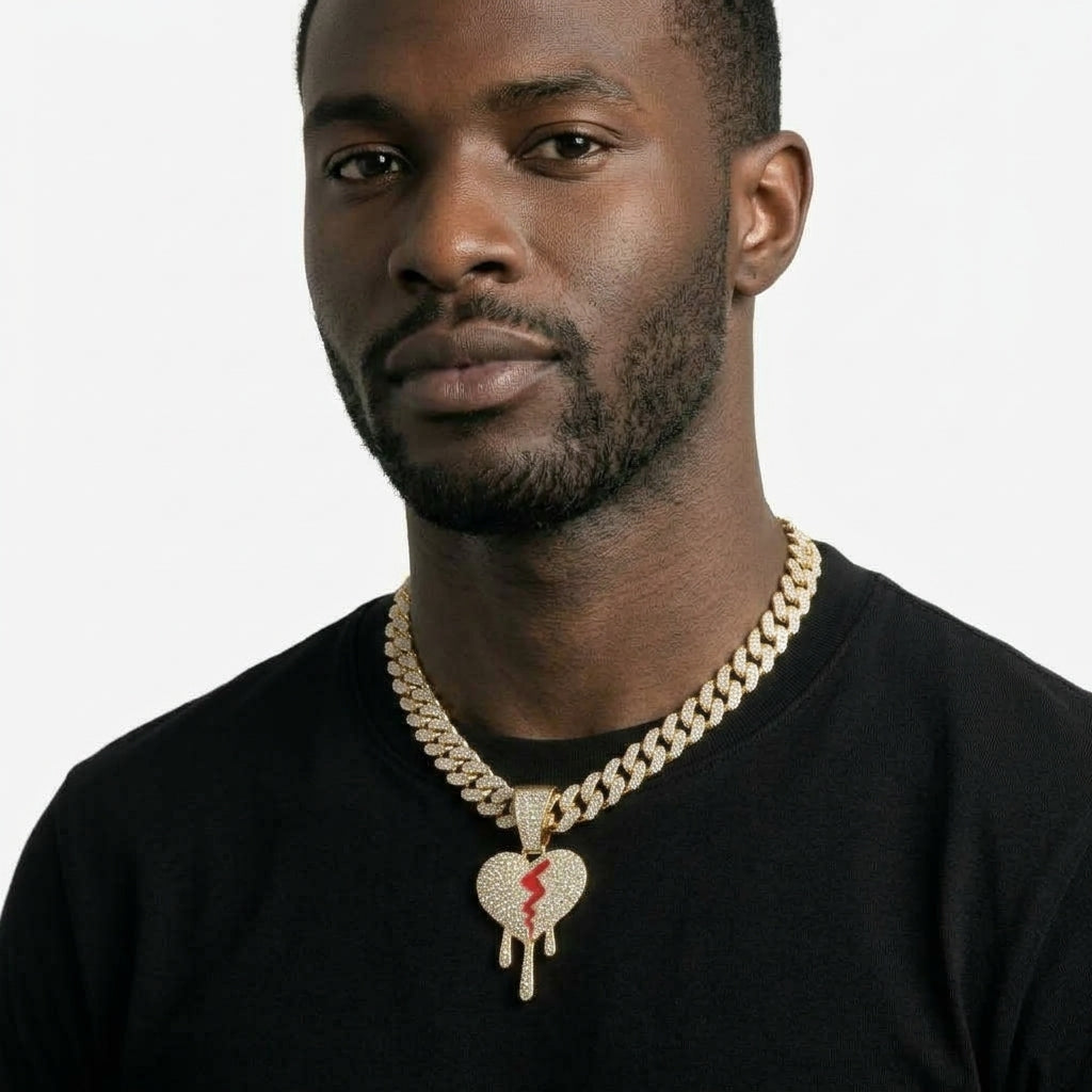 Iced Out Dripping Broken Heart Pendant Necklace on Cuban Link Chain – Red Enamel Crack | Gold or Silver