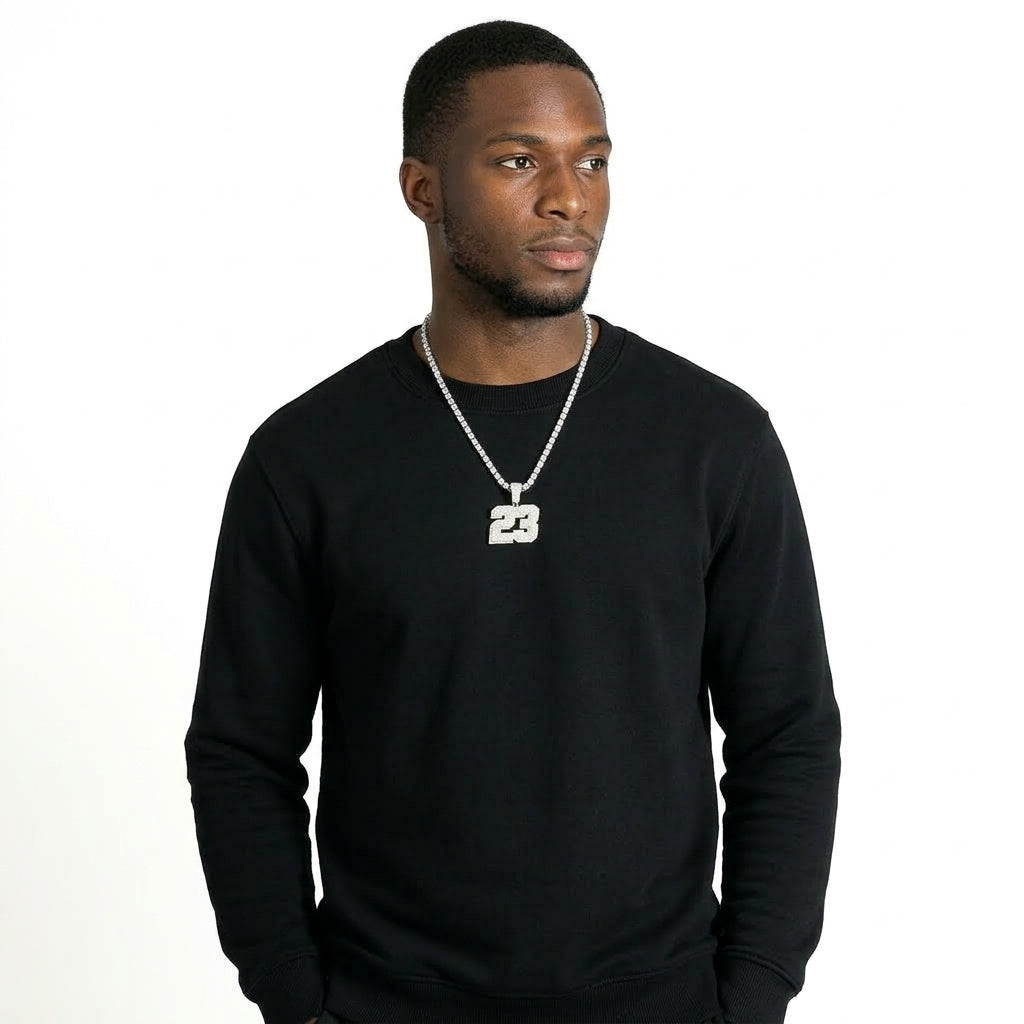 Iced Out Number 23 Pendant Necklace on Tennis Chain – 3D Layered Jersey Numerals | Silver or Gold